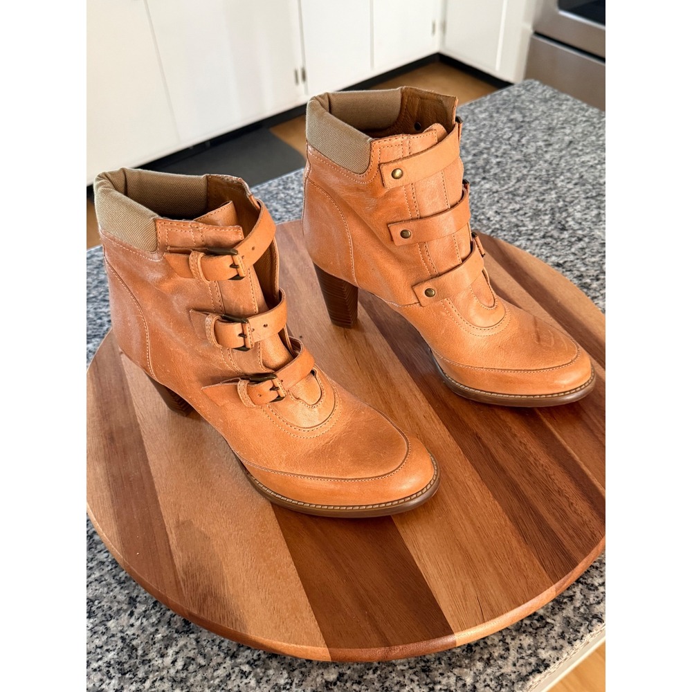 J.Crew Ankle Boots Women 7 Tan Good Italian Leather Triple Buckle Stacked Heel